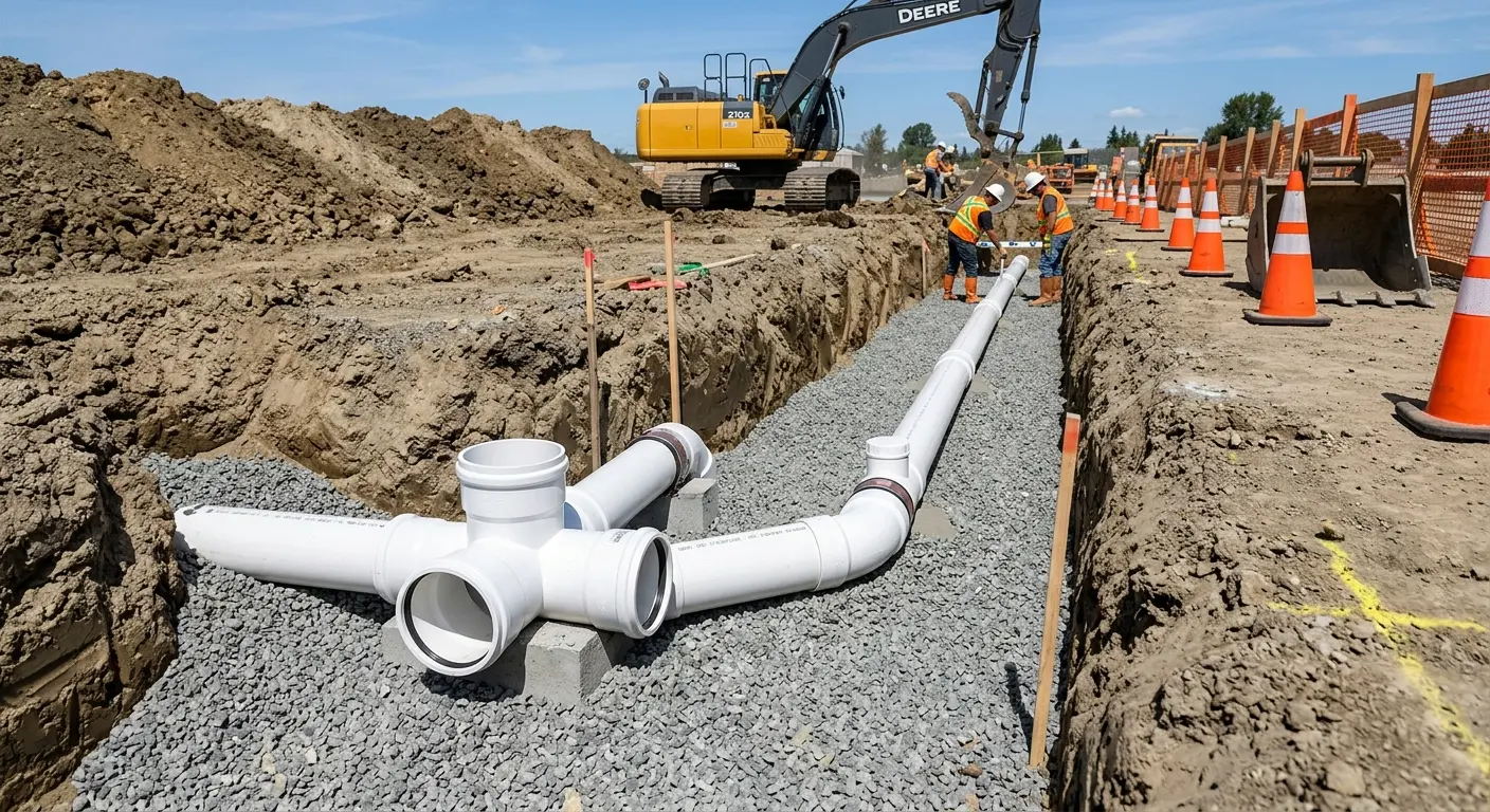 New PVC sewer pipe installation in open trench for Sewer Backup in Bethany