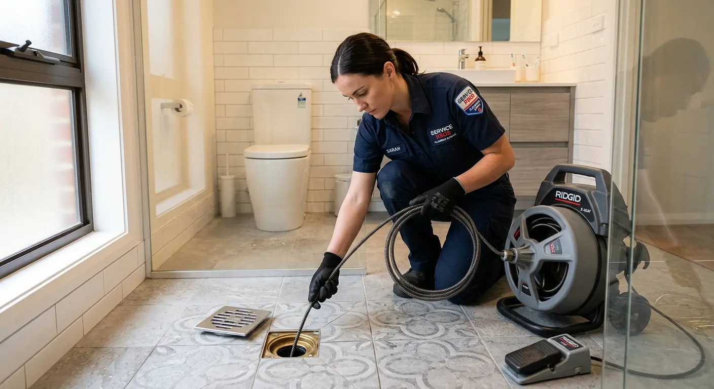 Technician clearing a bathroom floor drain for Hydro Jetting in Bethany